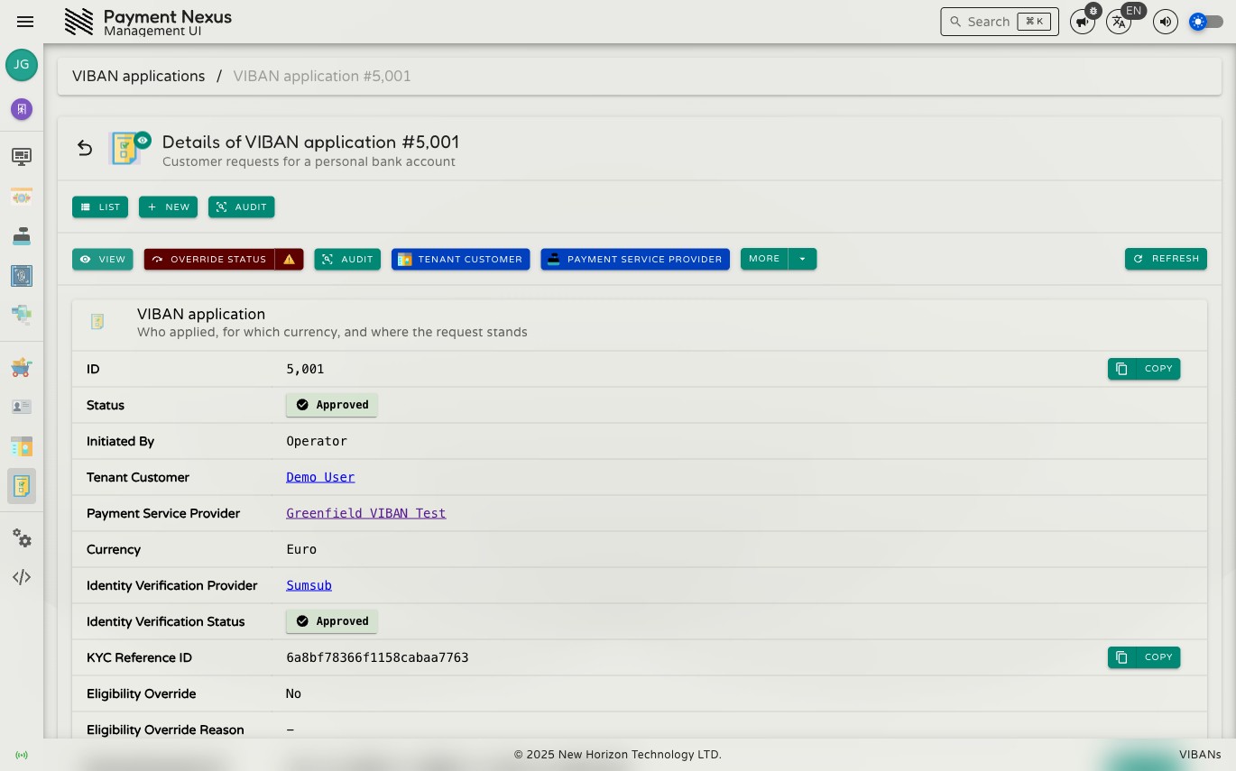 VIBAN application detail page showing an approved application, with the VIBAN application card listing Status as Approved and a PSP Customer Account ID
