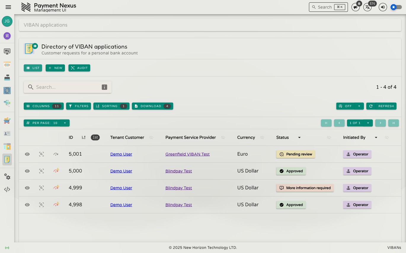 Directory of VIBAN applications showing columns for ID, Tenant Customer, Payment Service Provider, Currency, Status, Initiated By, External Application ID, PSP Customer Account, KYC Provider, Created At, and Updated At