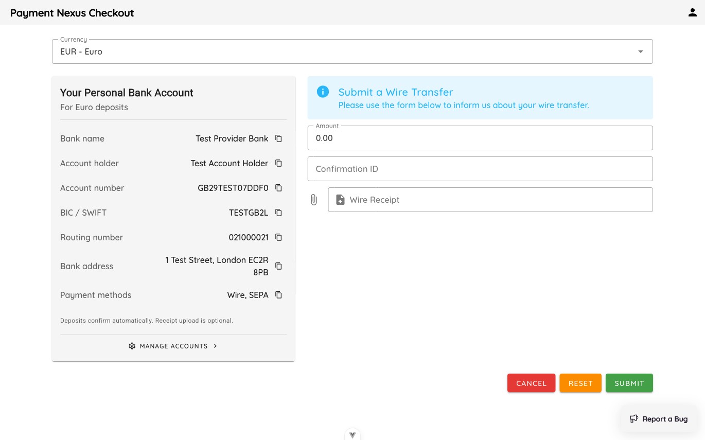 Wire transfer payment channel in checkout showing a Your Personal Bank Account card with bank name, account holder, account number, BIC/SWIFT, routing number, bank address, and payment methods
