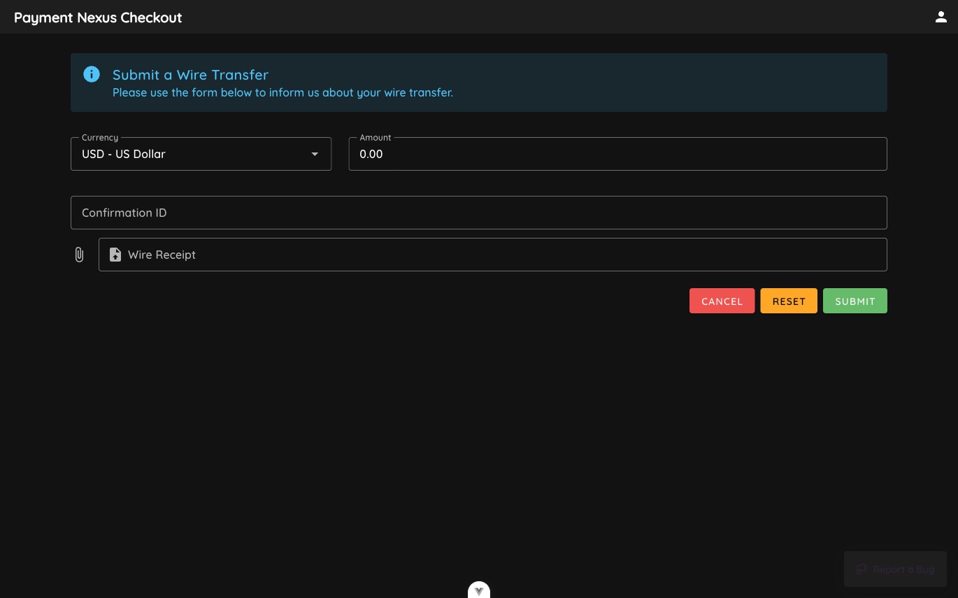 Wire transfer payment channel in checkout, showing the generic wire submission form a customer without an issued VIBAN sees