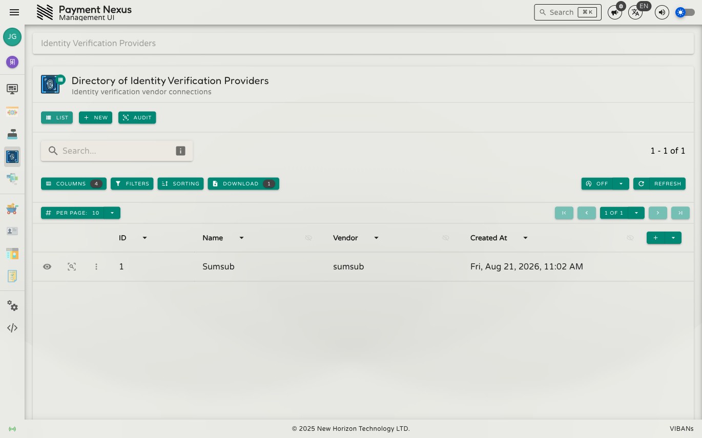 Directory of Identity Verification Providers showing columns for ID, name, and integration vendor