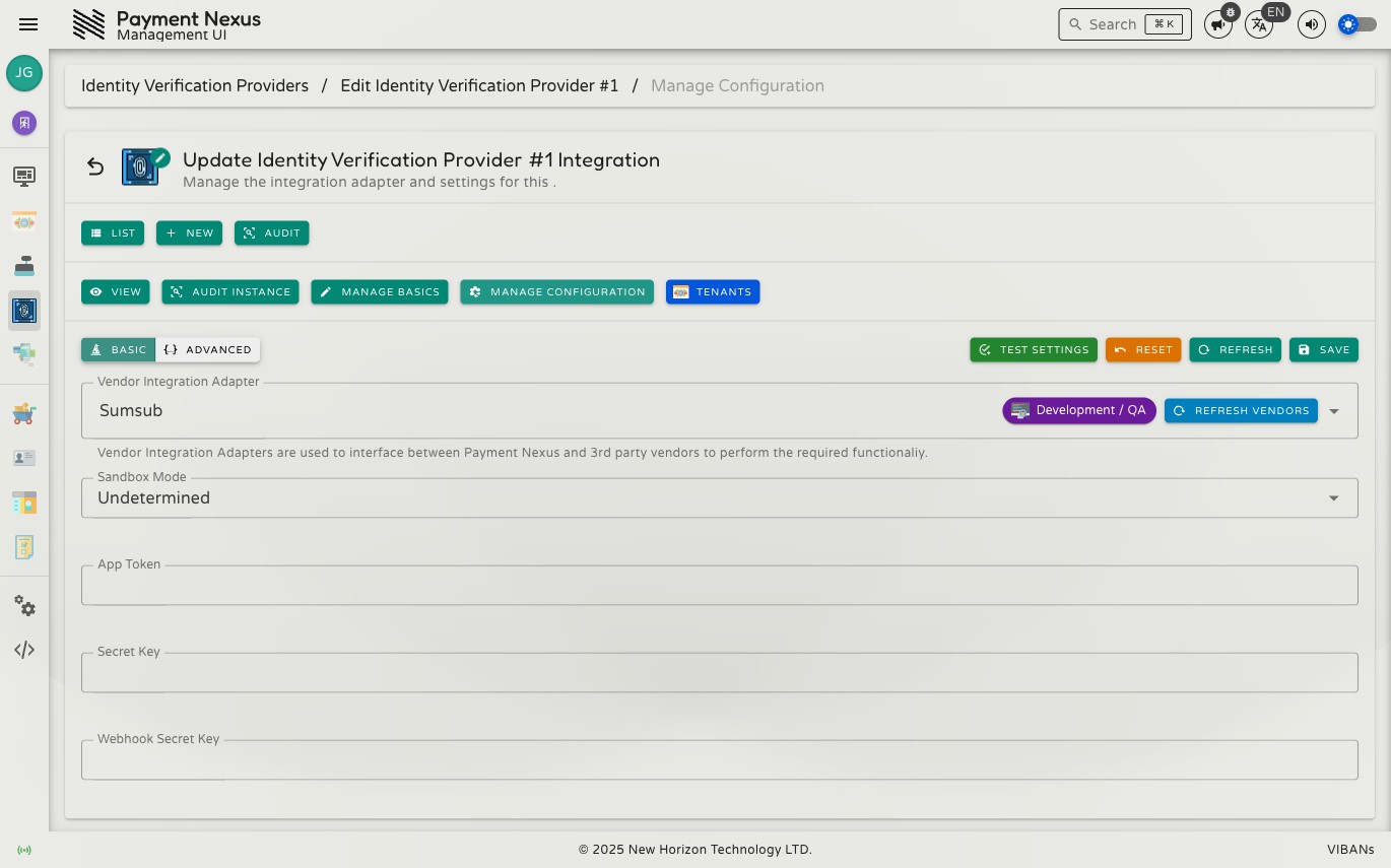 Identity Verification Provider adapter configuration page showing the vendor selector, Basic tab with vendor-specific fields, and Test Settings, Reset, Refresh, and Save toolbar buttons