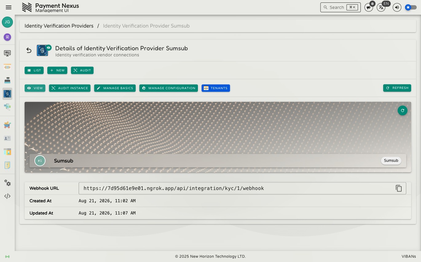 Identity Verification Provider view page showing the profile cover with name and vendor, followed by a table with Webhook URL, Created At, and Updated At